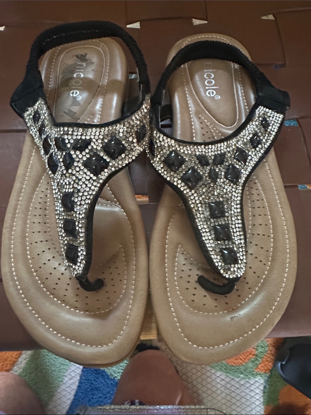 Black Jeweled T-Strap Sandals